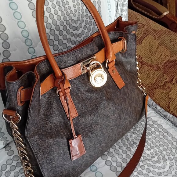 Michael Kors Hamilton Est/West Brown Logo Satchel Purse Bag - Picture 12 of 16